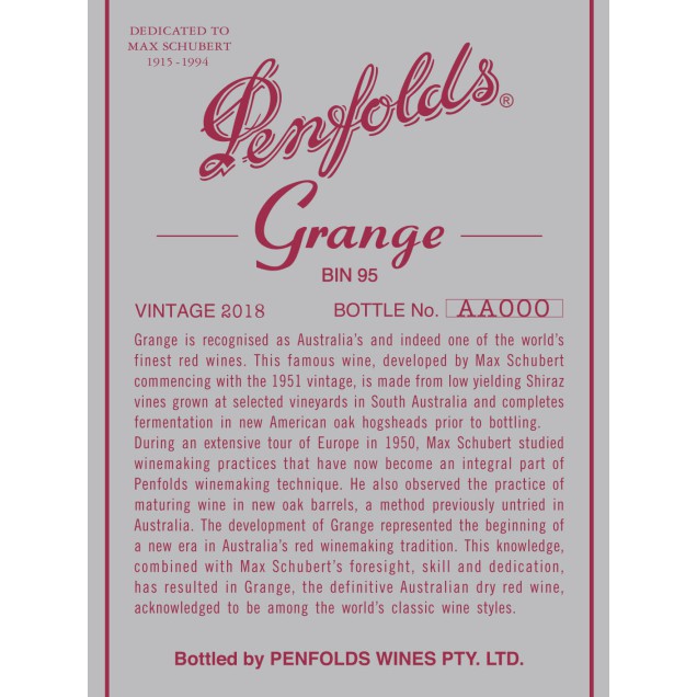 Penfolds Grange Bin 95 Shiraz  2018 